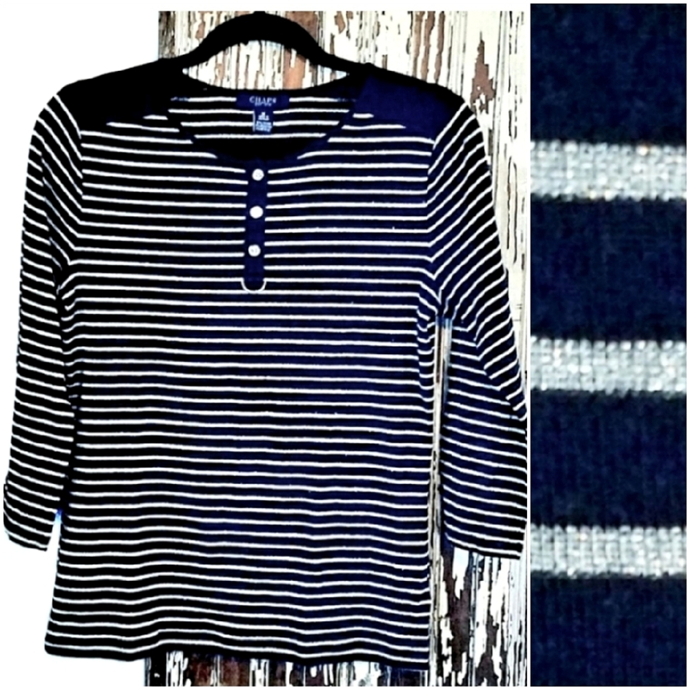 Chaps Metallic Striped Top Navy And Silver Size M